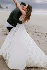 Bohemian A-line V-neck Lace Wedding Dresses, Beach Wedding Gowns
